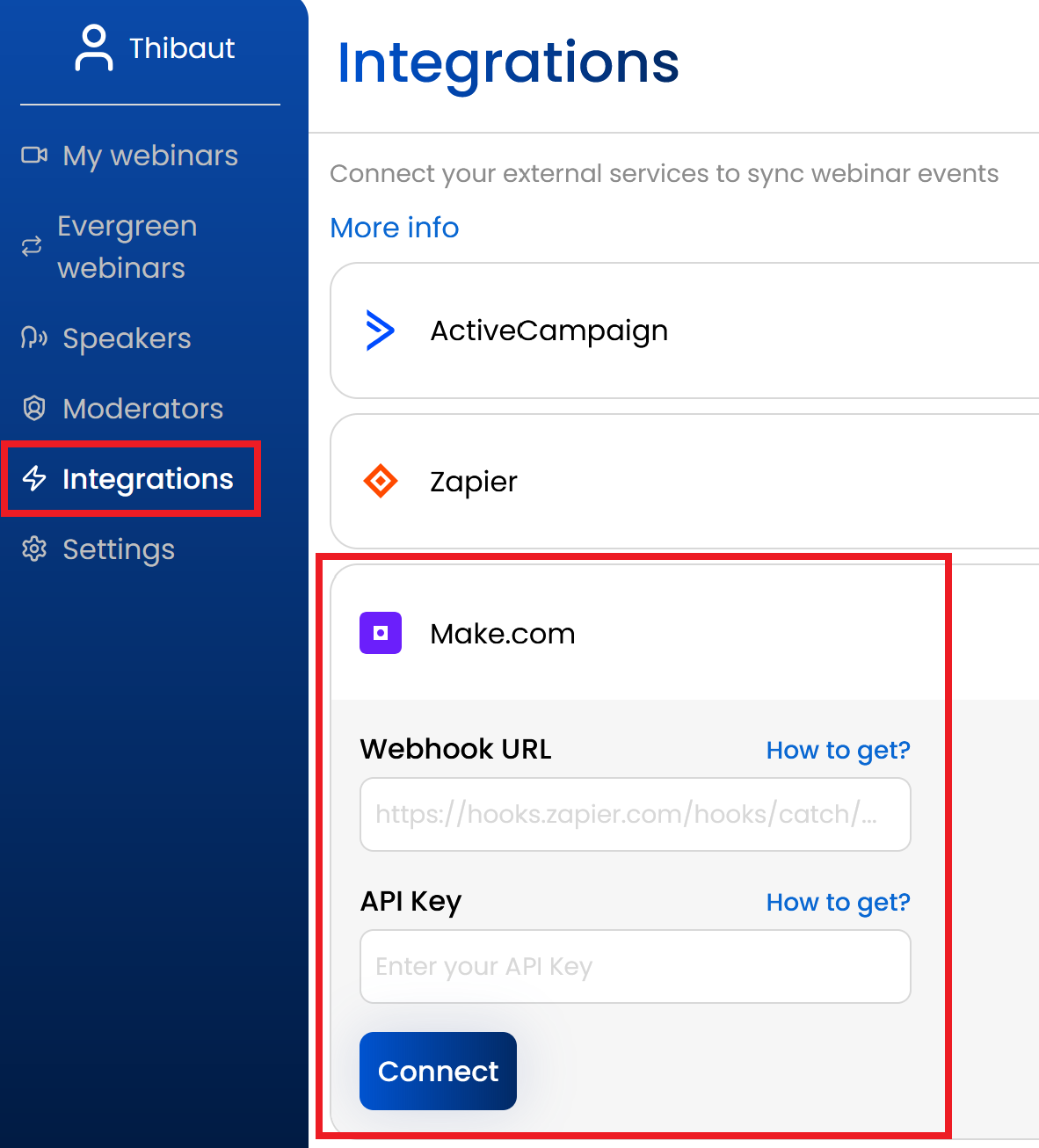 Webismart integration page Make
